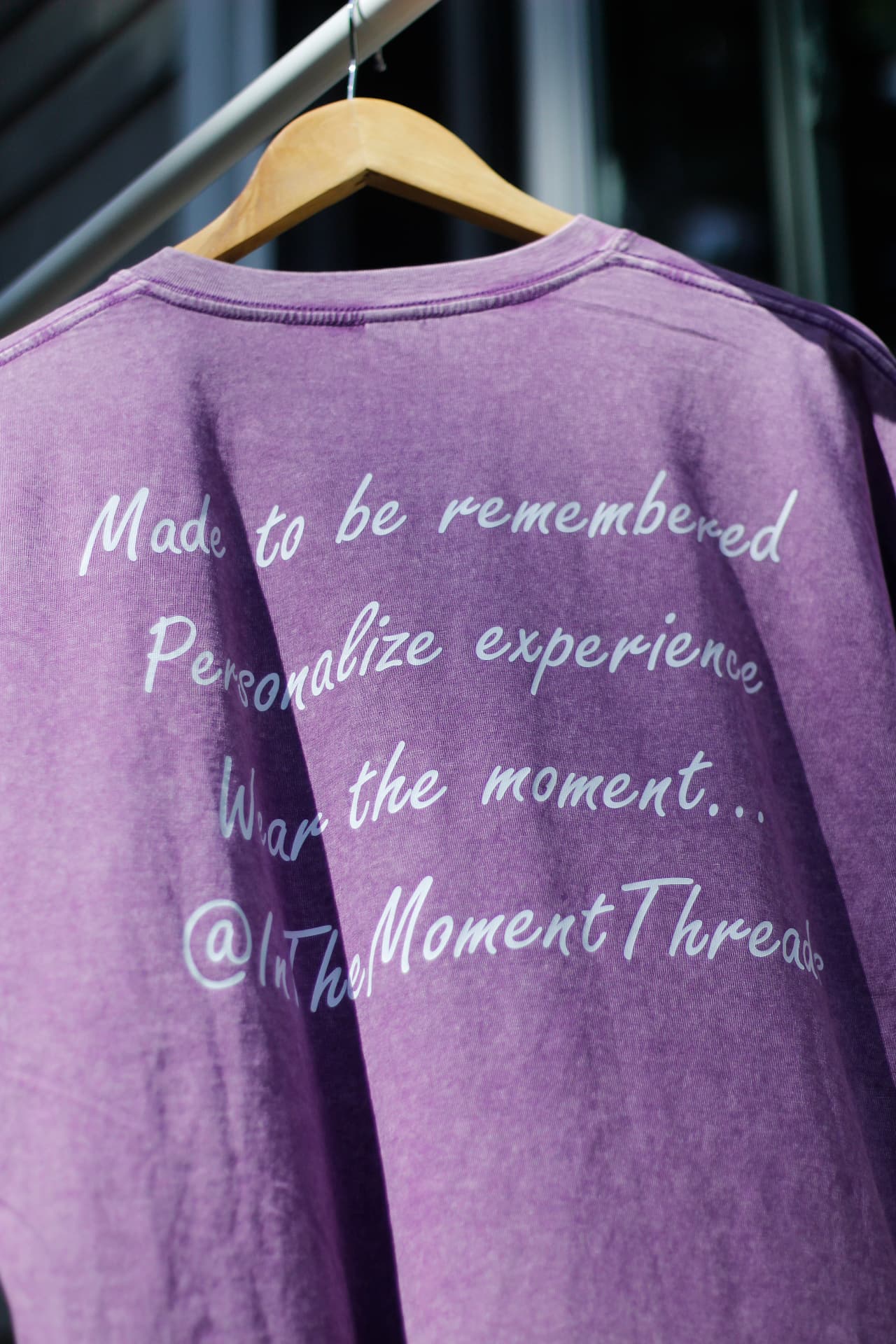 Purple In The Moment tee back with handwritten-style personalization text