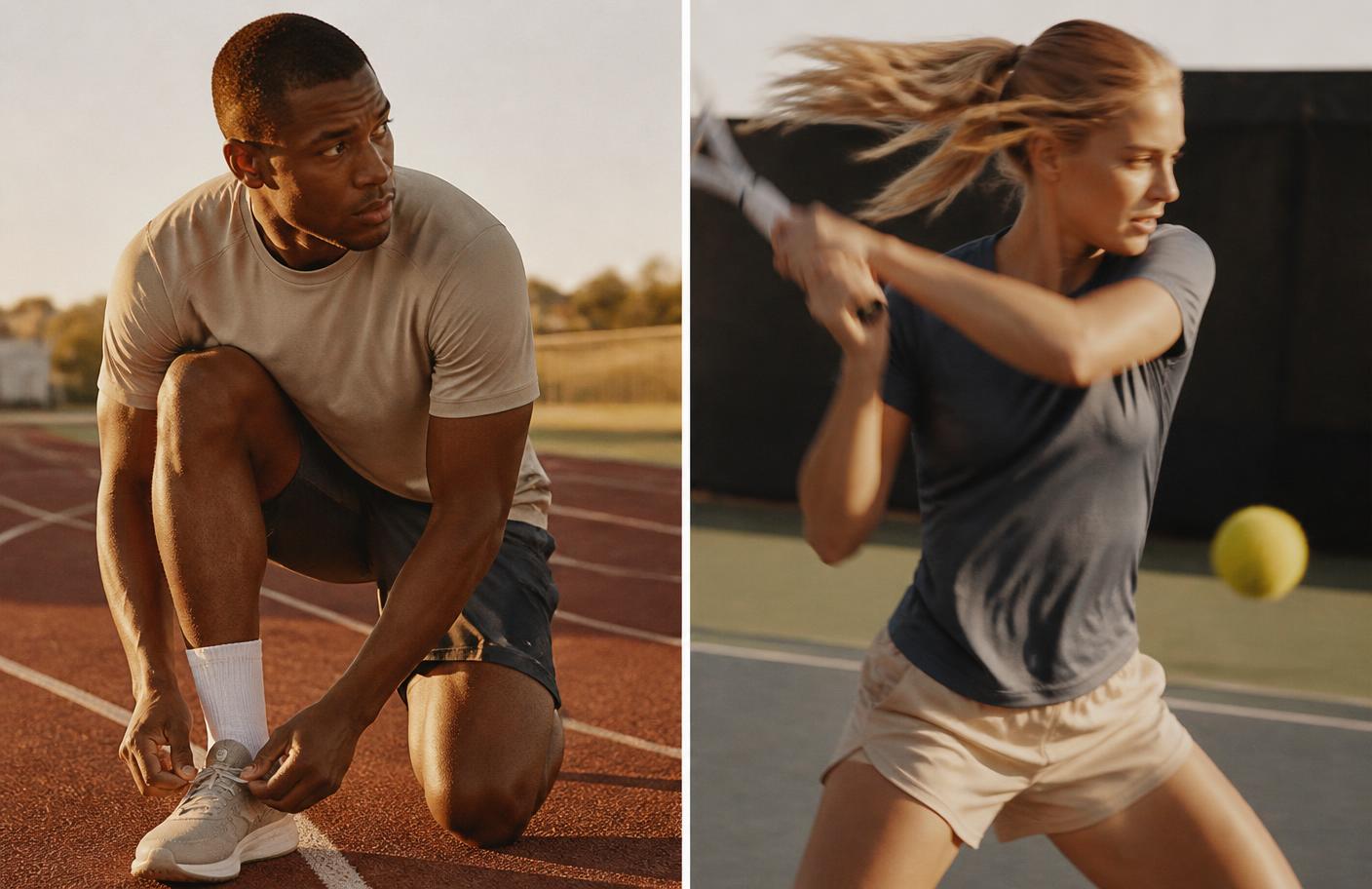 A runner tying their shoes on a track and a tennis player mid-swing