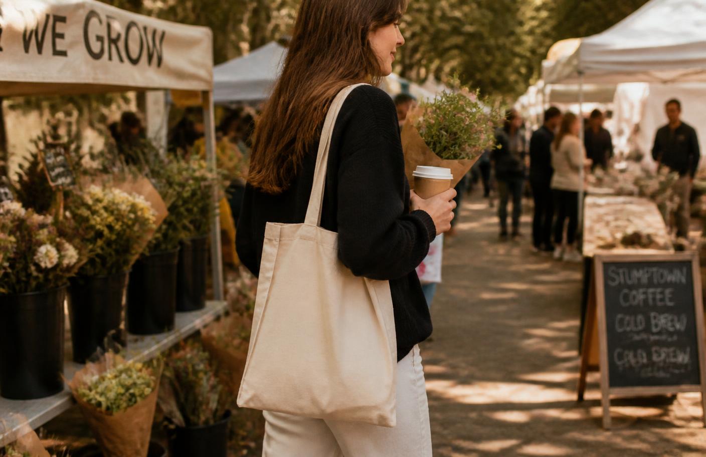 A shopper carrying a natural canvas tote through an outdoor market